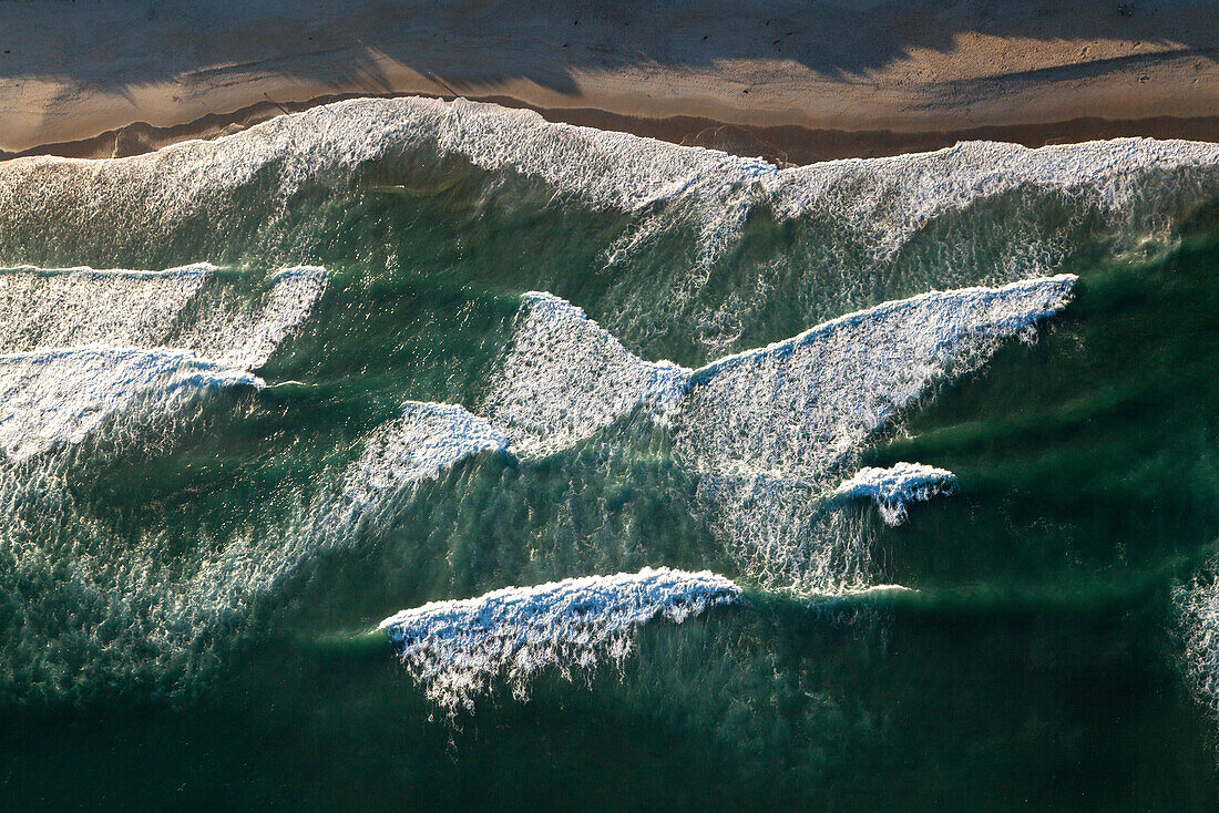 Aerial view of waves from above, coast, South Island, New Zealand