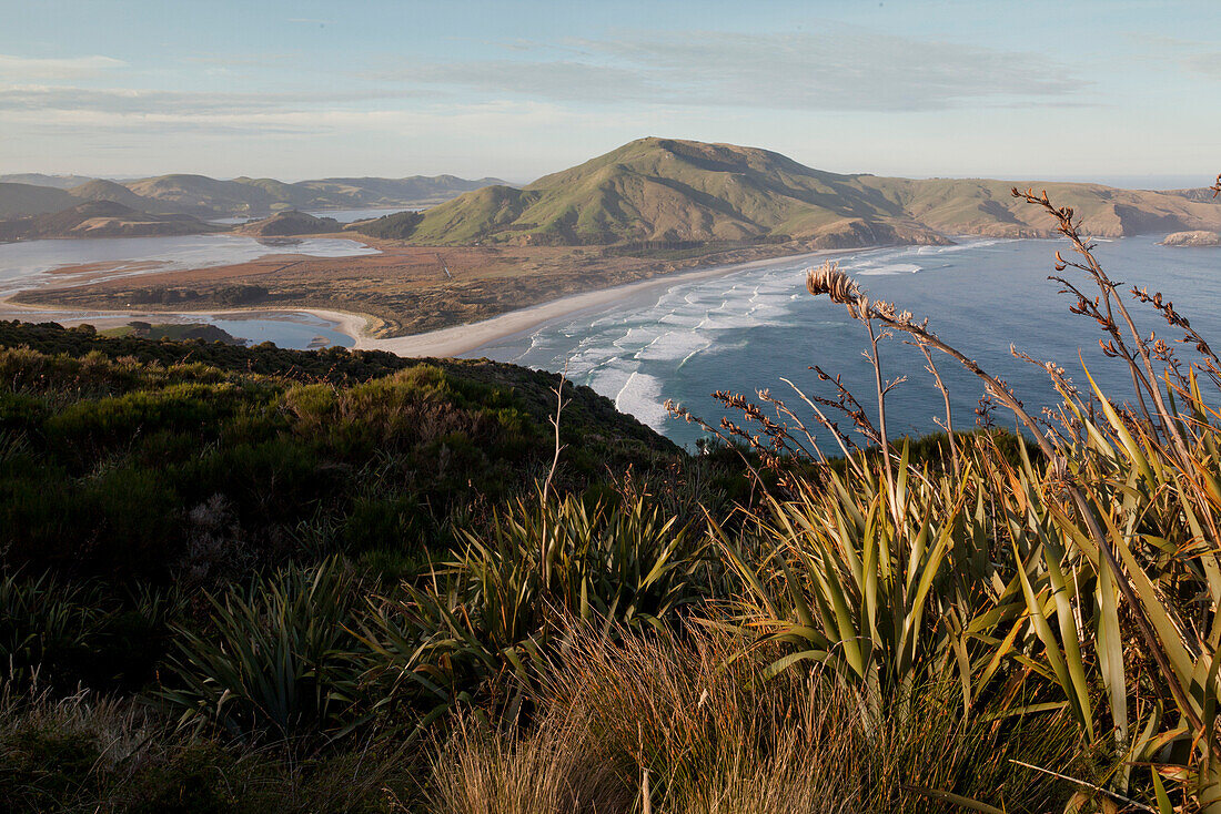 View across Otago Peninsula with Allans beach and Hoopers Inlet, Dunedin, Otago, South Island, New Zealand