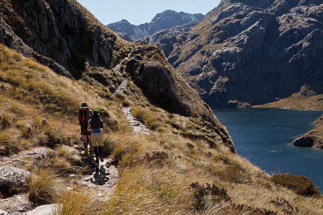Hikers on the Routeburn Track at Lake Harris, Great Walk, Mount Aspiring National Park, Fiordland National Park, South Island, New Zealand
