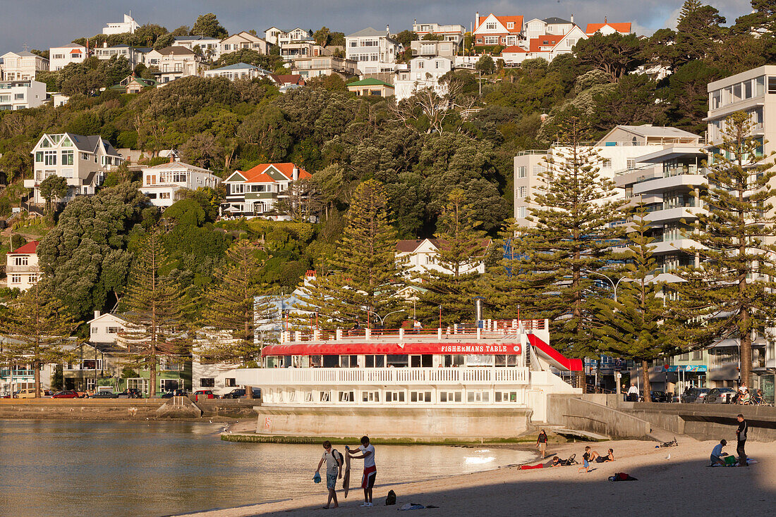 Historic timber houses on the waterfront, cafe on the promenade, Wellington, North Island, New Zealand