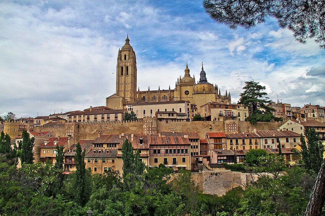 Panoramic Cathedral Segovia, walls and houses, Segovia, Castile and León, Spain