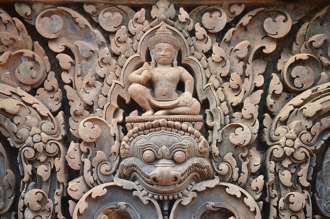 Detail of the reliefs of the temple of Banteay Srei Angkor Cambodia