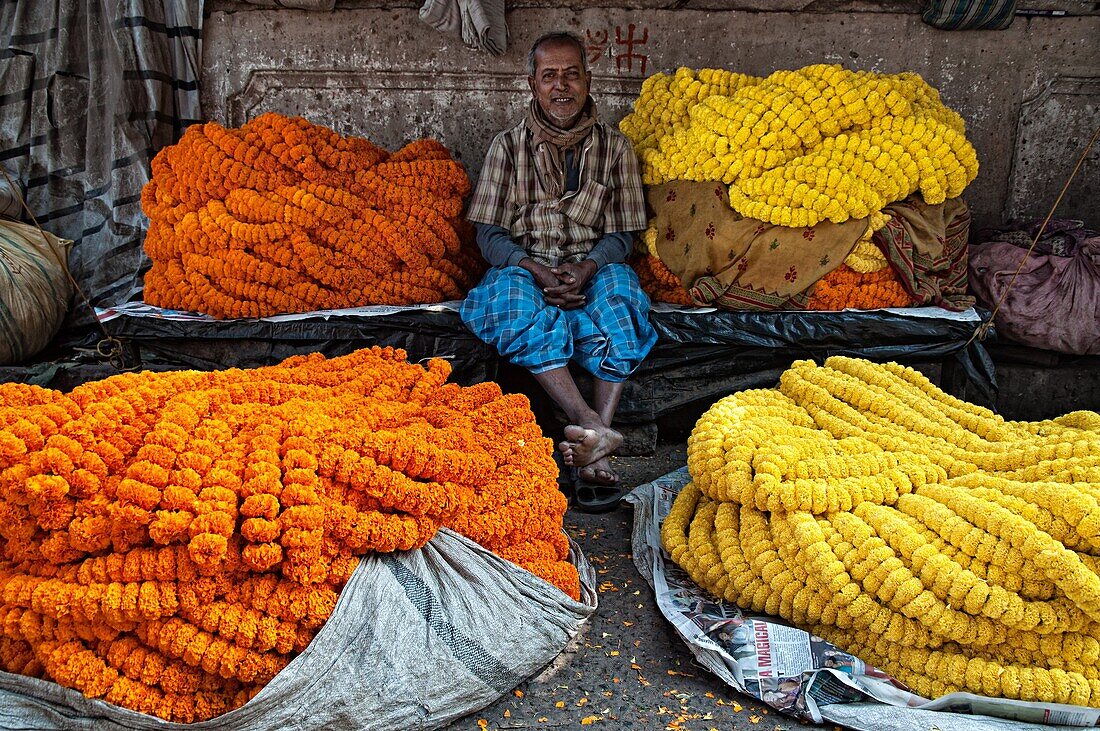 Flower seller among his marigold flowers garlands in Mullick ghat flower market  Calcutta, India