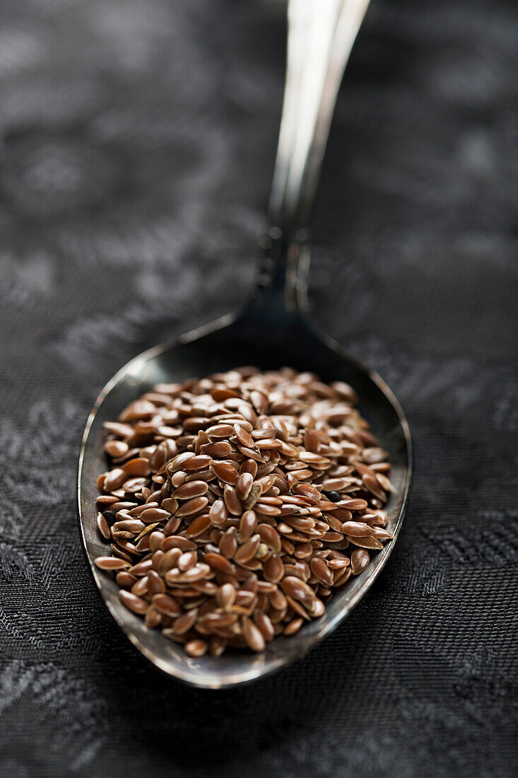 Flaxseeds in Spoon, Close Up