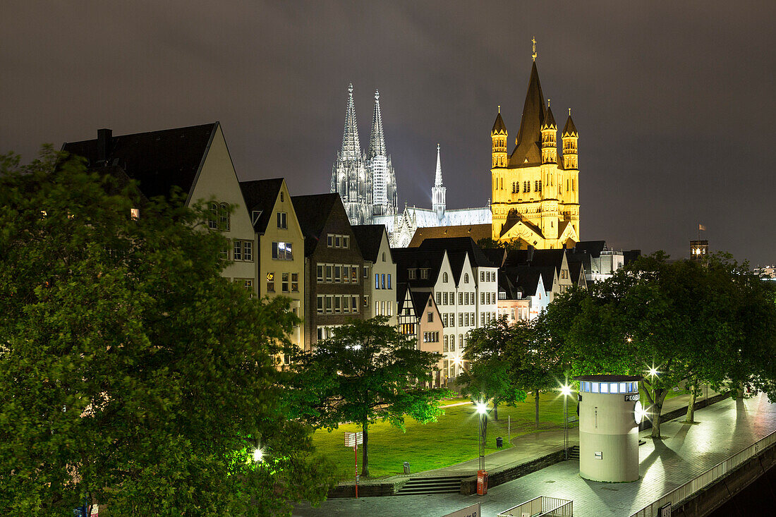 View towards old town, Heumarkt with cathedral and Great St. Martin church, Cologne, North Rhine-Westphalia, Germany, Europe