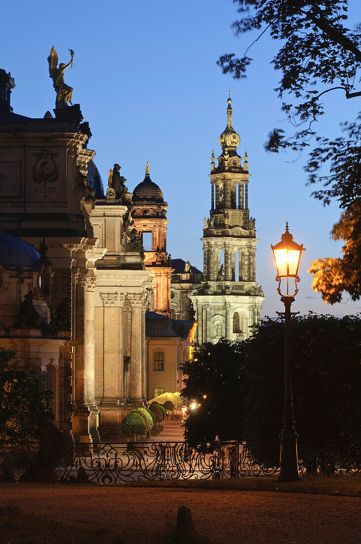Bruehlsche Terrasse and cathedral in the evening light, Dresden, Germany, Staendehaus