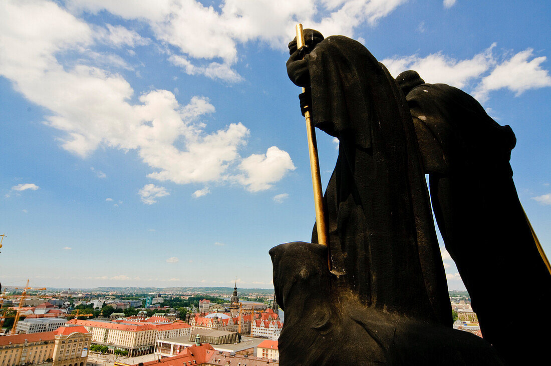 View from town hall tower, New guildhall, sculptures, Dresden, Germany