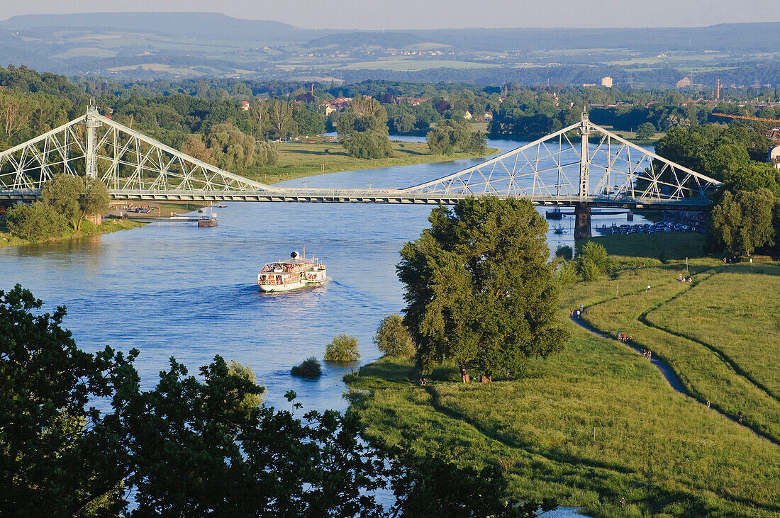 View of Elbe river with steamboat and bridge 'Blaues Wunder', Dresden, Saxony, Germany, Europe