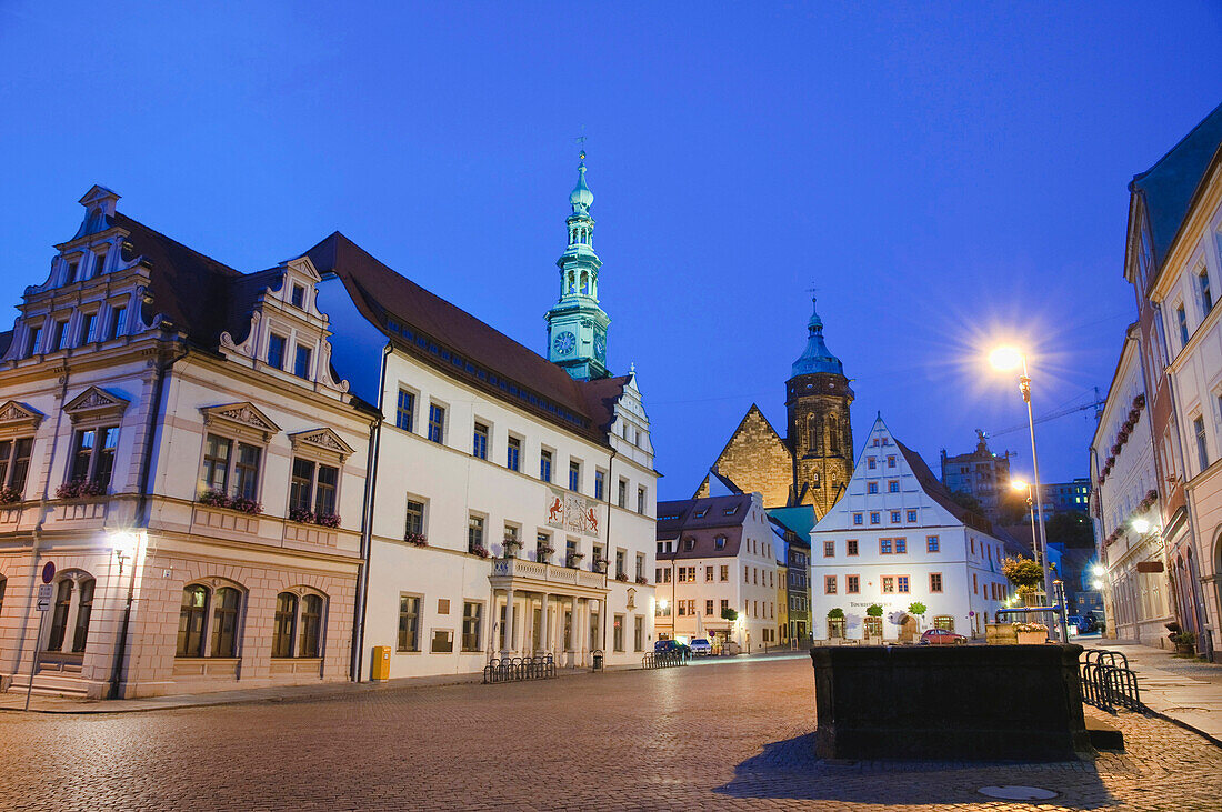 Market square with town hall at dusk, Pirna, Saxony, Germany, Europe