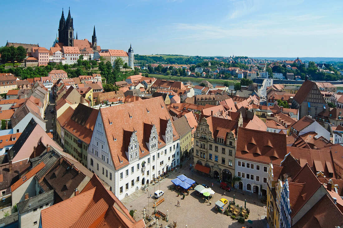 Blick über die Altstadt auf Albrechtsburg und Dom, Meißen, Sachsen, Deutschland, Europa