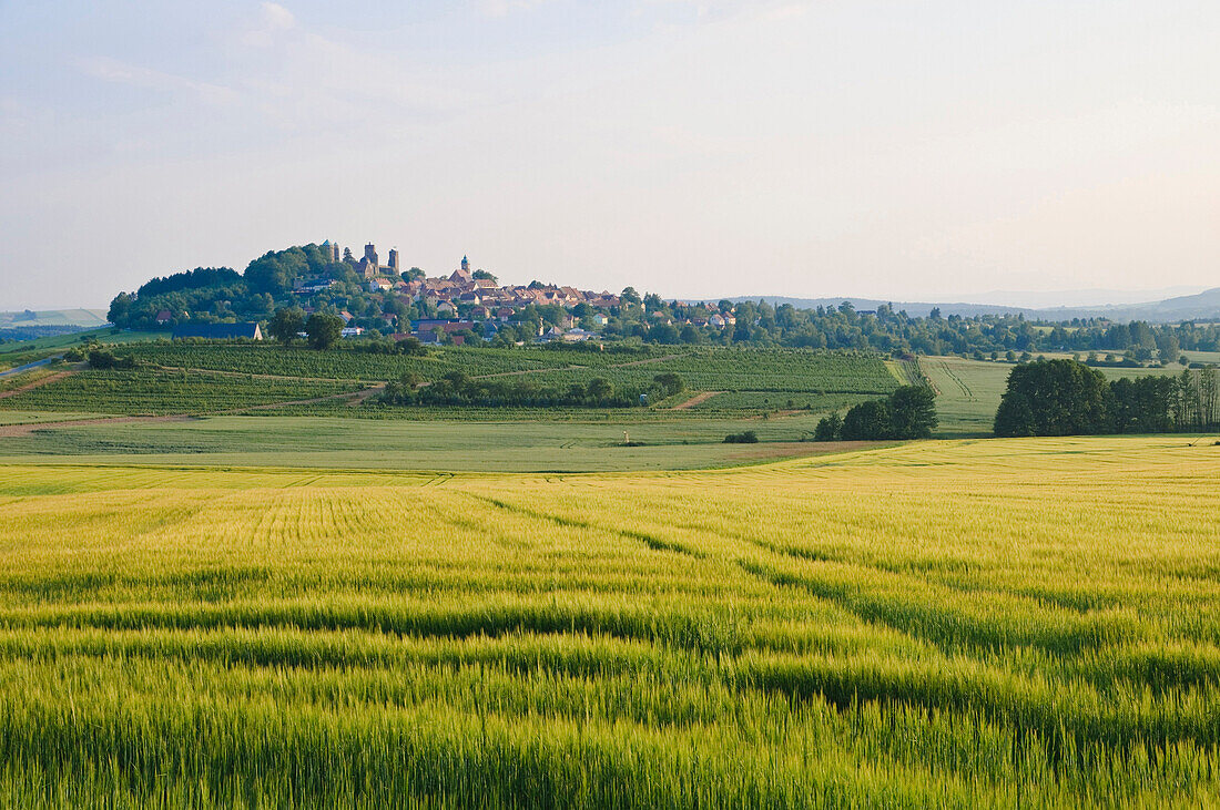 Landschaft mit Feldern und der Stadt Stolpen, Sachsen, Deutschland, Europa