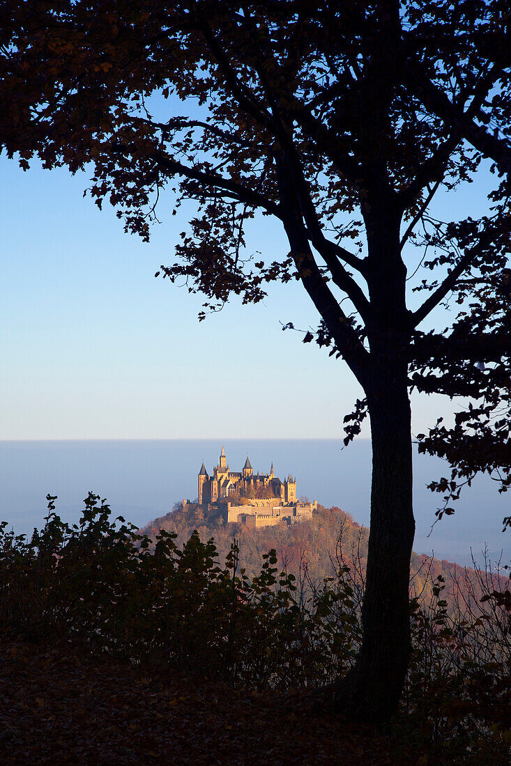 View to Hohenzollern castle, near Hechingen, Swabian Alb, Baden-Wuerttemberg, Germany