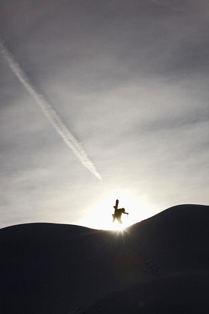 Snowboarder in backlight, Hahnenkamm, Tyrol, Austria