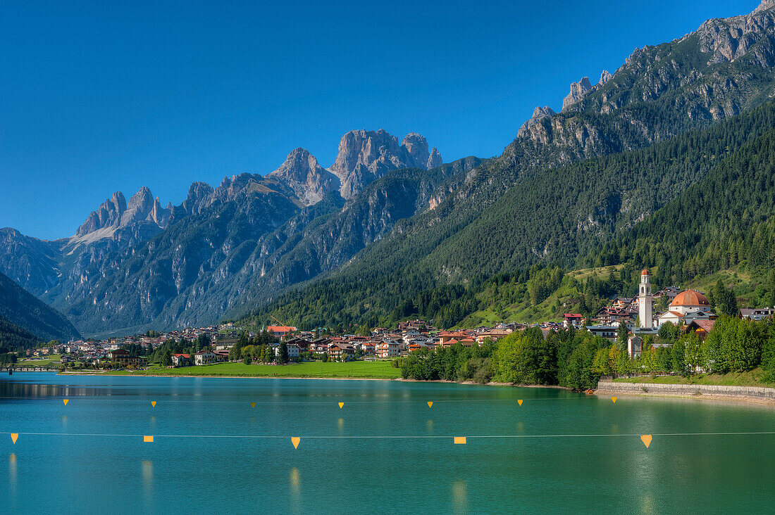 View at the Auronzo lake and Auronzo with Tre Cime di Lavaredo, Auronzo, Sexten Dolomites, Belluno, Italy