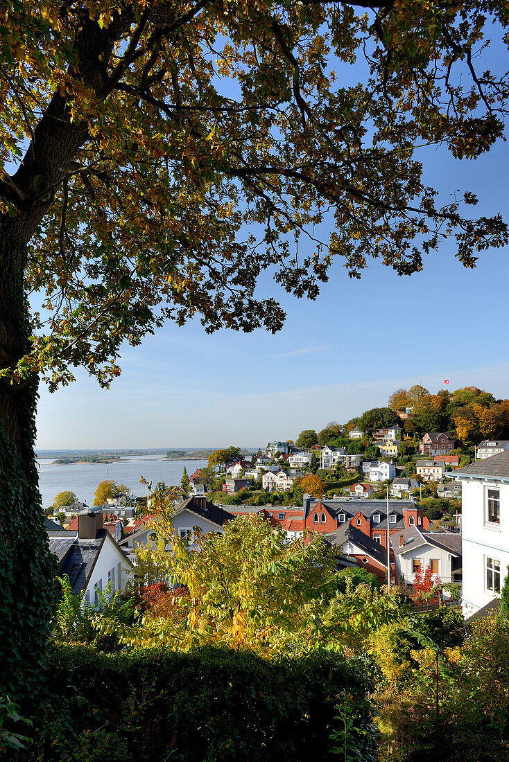 view to the Elbe river with stair-district of Blankenese, Hamburg, north Germany, Germany