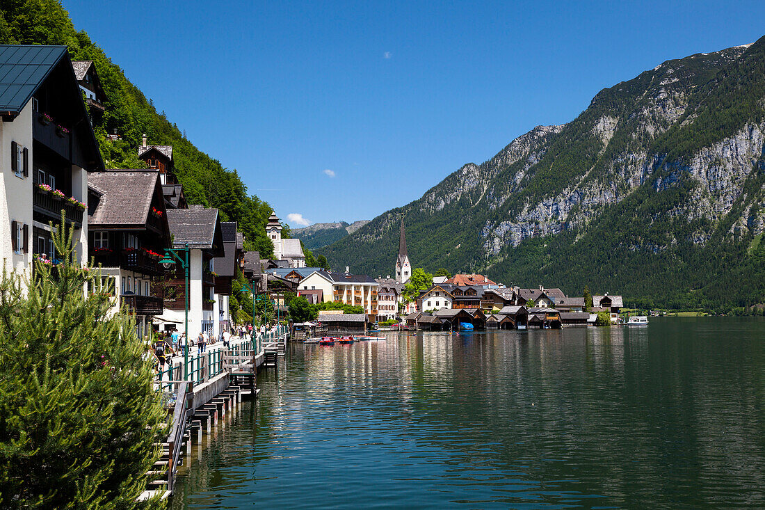 Hallstatt at Hallstatt lake, Seestrasse, Salzkammergut, Alps, Upper Austria, Austria, Europe