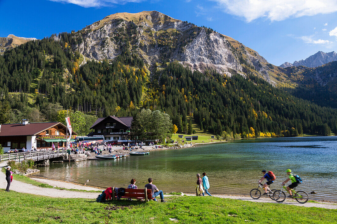 Lake Vilsalpsee in fall, Drei Seen Tour, Tannheim Valley, Alps, Austria, Europe