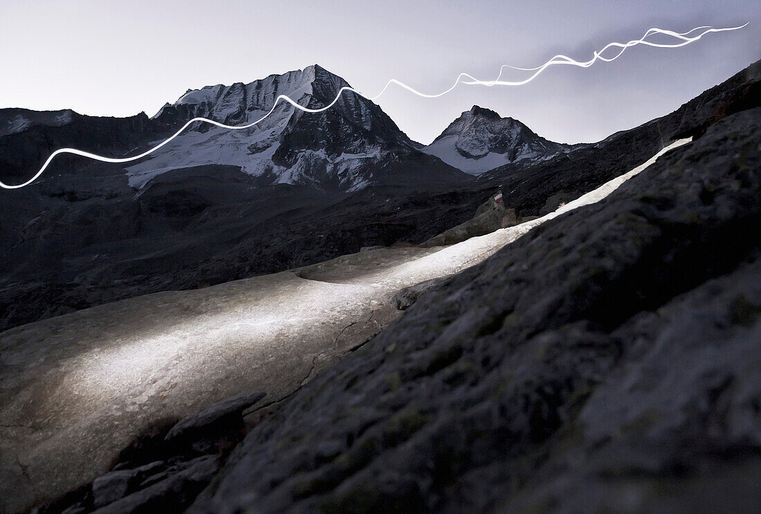 Ascent to the Hochgall, headlamps in the dawn, Kassler Hut, Rain in Taufers, Bozen, South Tirol, Italy