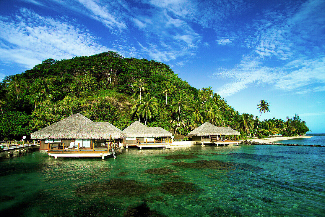 French Polynesia, Huahine, Te Tiare Resort bungalows over ocean, tall palm trees along beach, blue sky