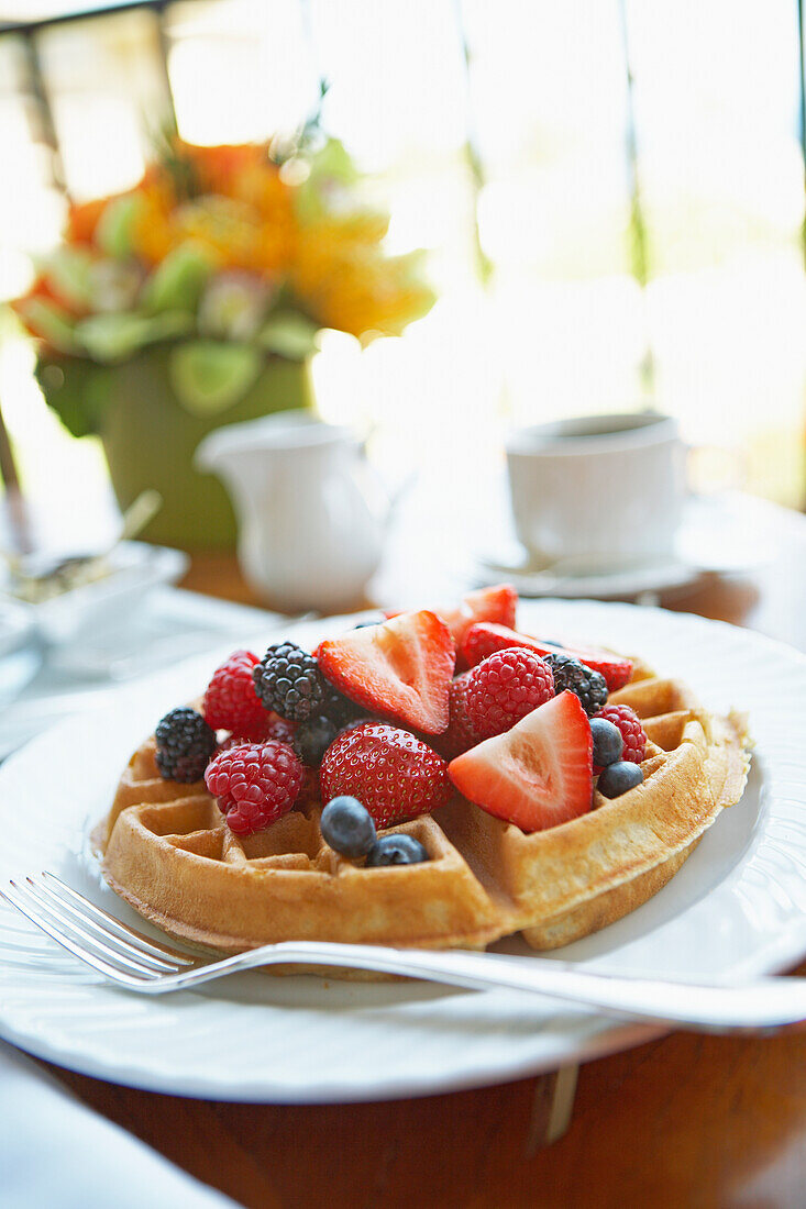 Hawaii, Maui, Balcony, Breakfast fresh fruit waffle and coffee.