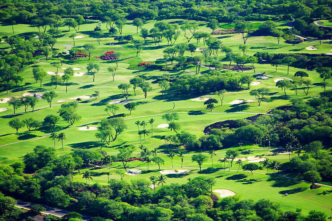 Hawaii, Maui, Wailea, Aerial of Wailea Gold and Emerald golf courses.