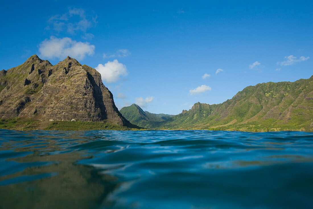 Hawaii, Oahu, View of Kaaawa valley, Kualoa Ranch from ocean.