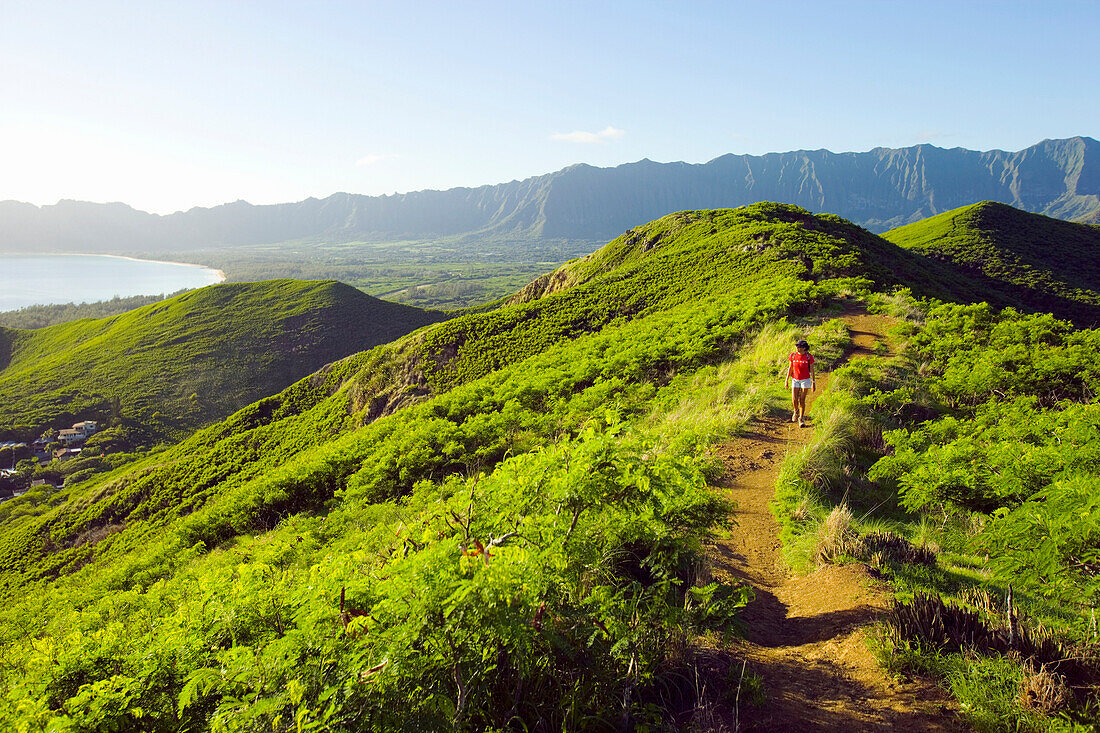 Hawaii, Oahu, Woman hiking on ridge above Lanikai.