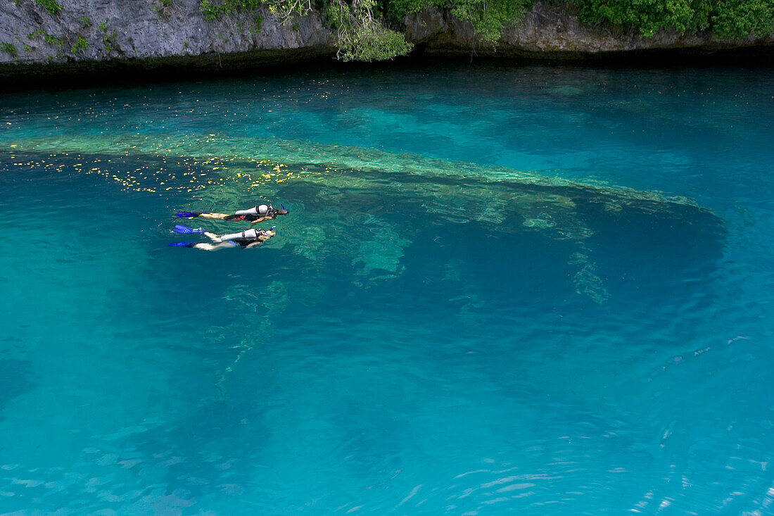 Micronesia, Palua, couple with scuba gear explore a shallow wreck.
