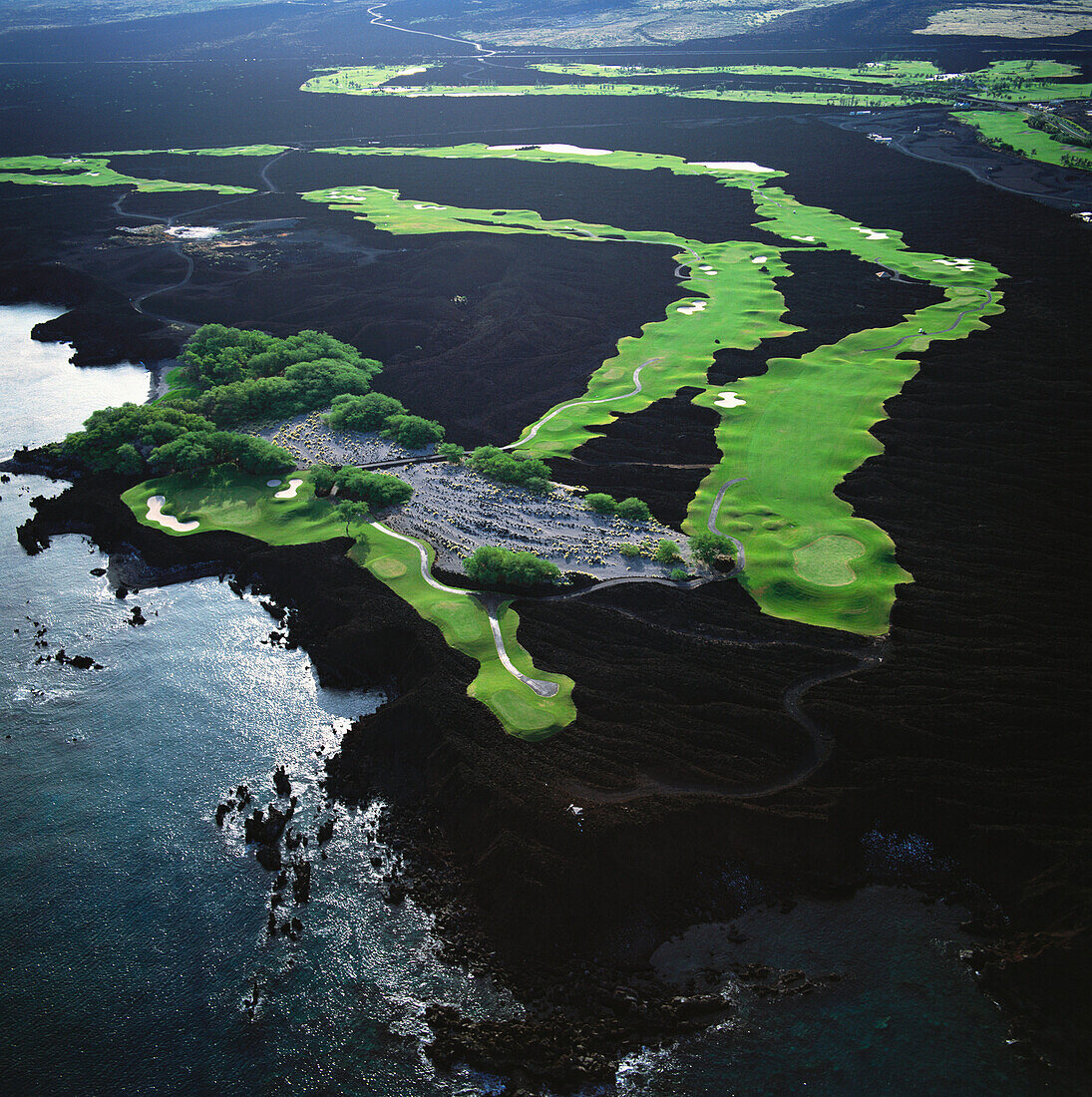 Hawaii, Big Island, Kohala Coast, Francis I'i Brown Golf Course, South Course, #6, 7, 8 Holes, aerial view