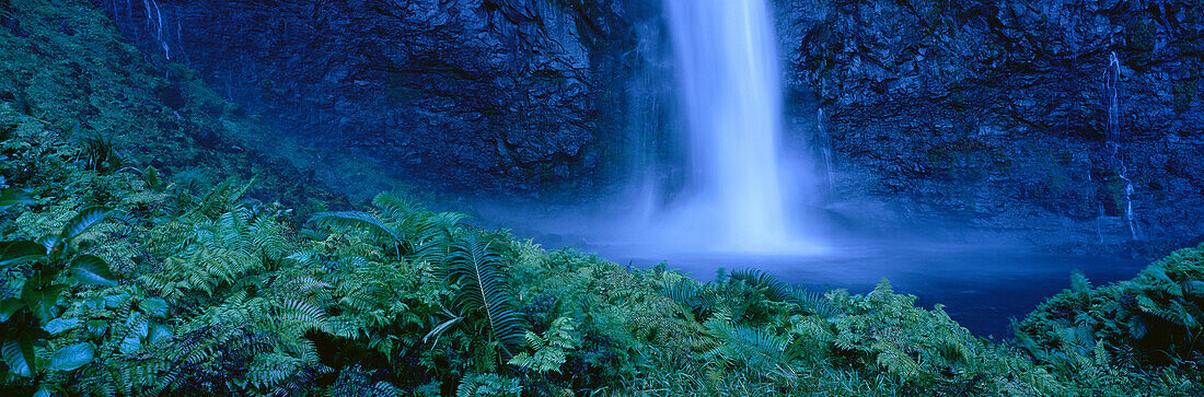 Hawaii, Kauai, Inland waterfall near Na Pali coast blue filter, panoramic A20G