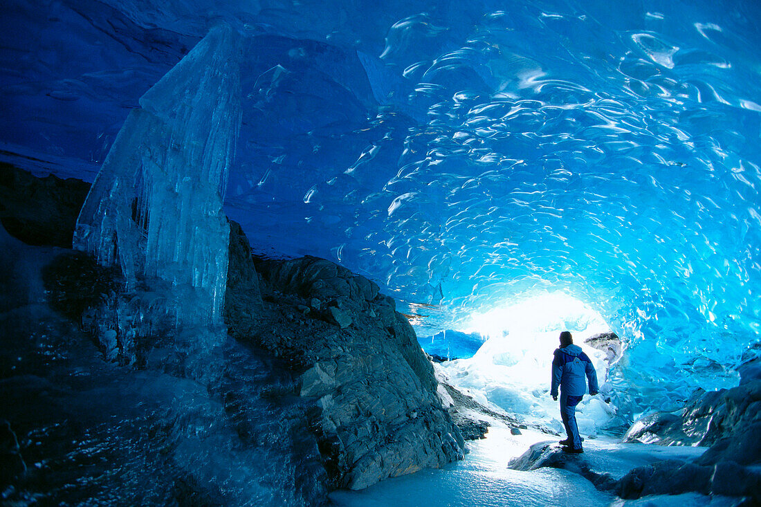 Alaska, Juneau, Mendenhall Glacier, hiking, exploring ice cave, interior view