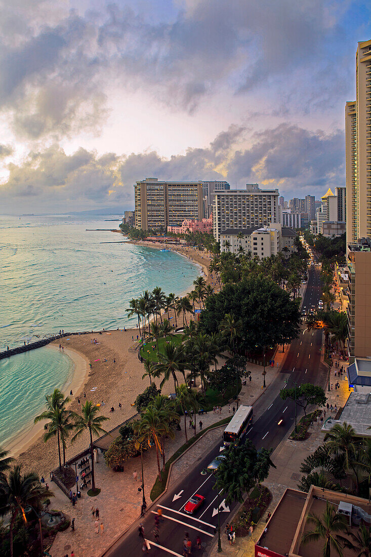 Hawaii, Oahu, Waikiki, View of the Pacific Ocean, Waikiki Beach, and Kalakaua Ave.