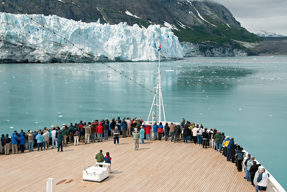 United States, Alaska, Inside Passage, Glacier Bay National Park, passengers on cruise ship viewing the glaciers.