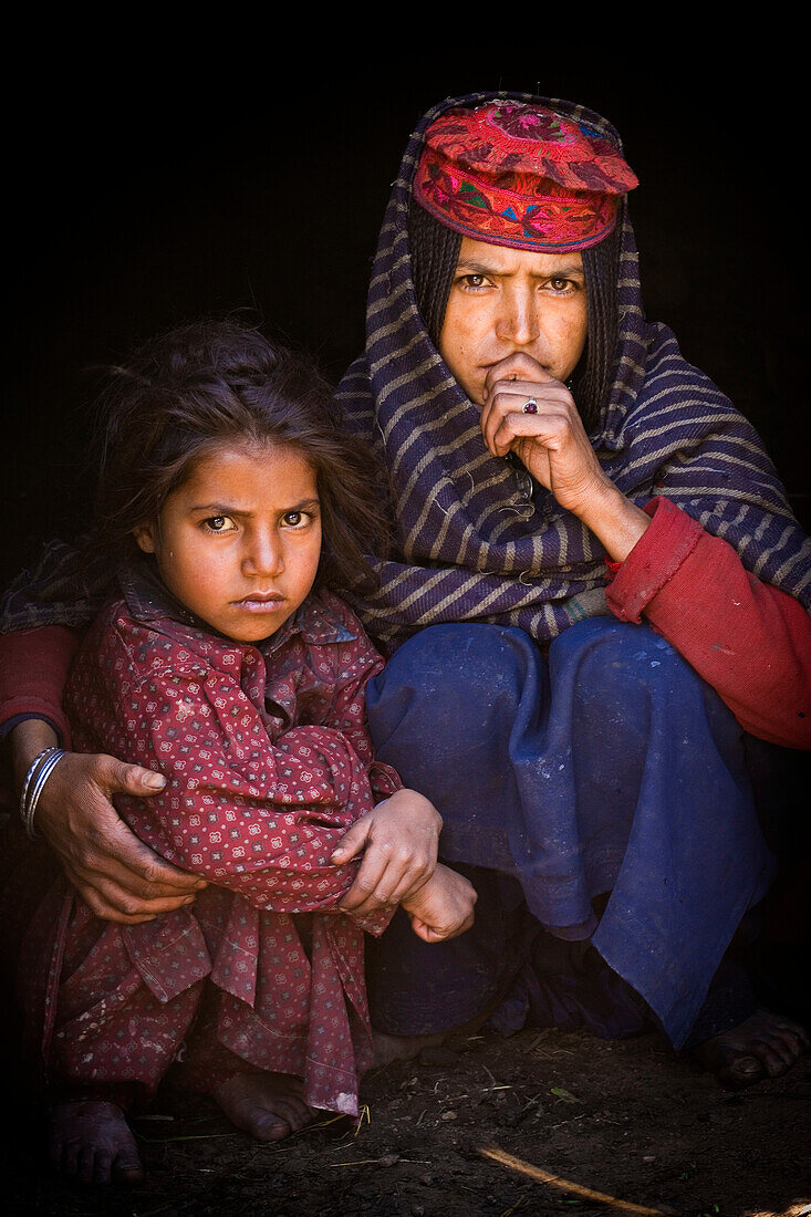 'A Bakarwal Gujjar Mother And Child Sit Together; Lidderwat Valley Kashmir India'
