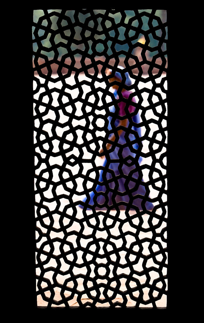 'A Woman Walks By Framed By The Silhouette Of A Screened Window Inside Humayun's Tomb; Delhi India'