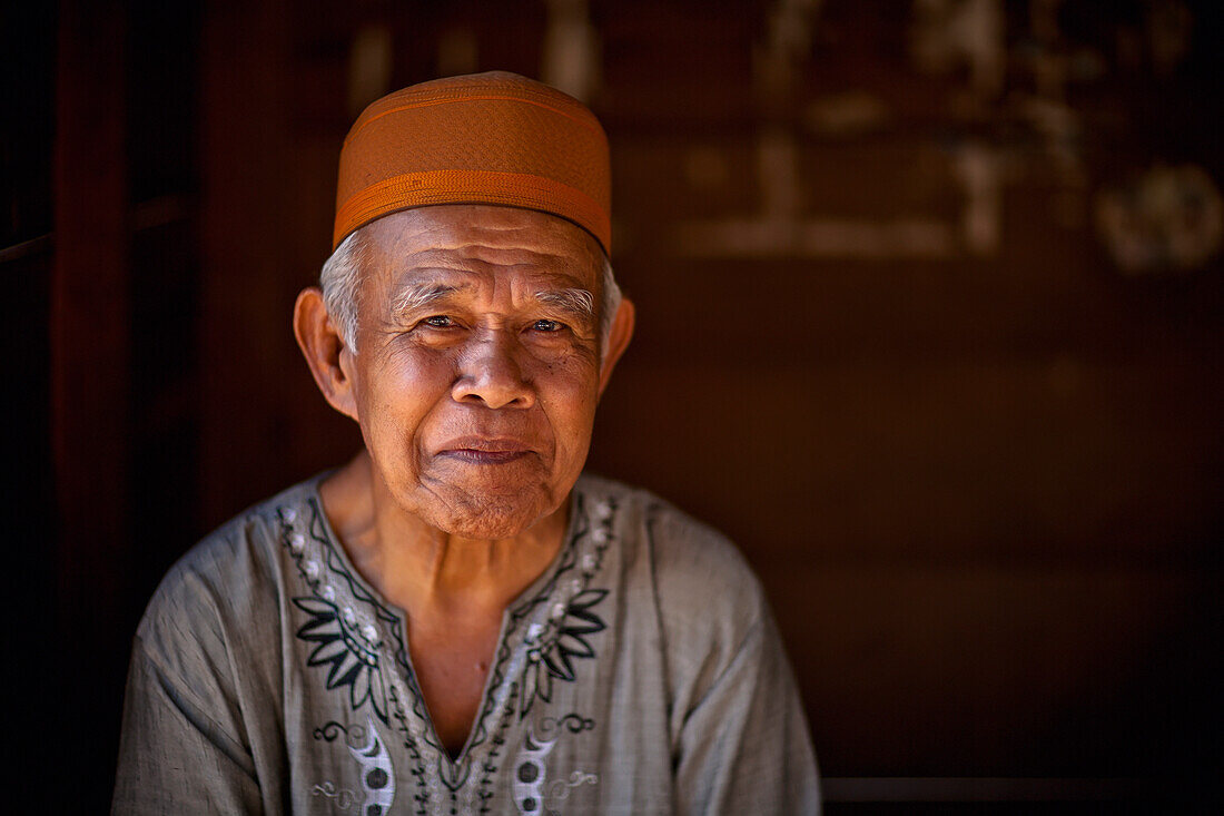 'Senior Indonesian Man In Prayer Hat; Muara Pinang Indonesia'