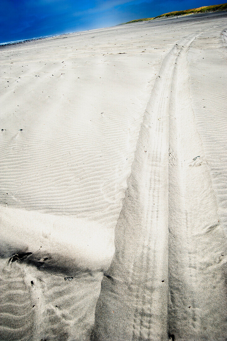 Tire tracks in the white sand on the beach., Long Beach, Washington, USA