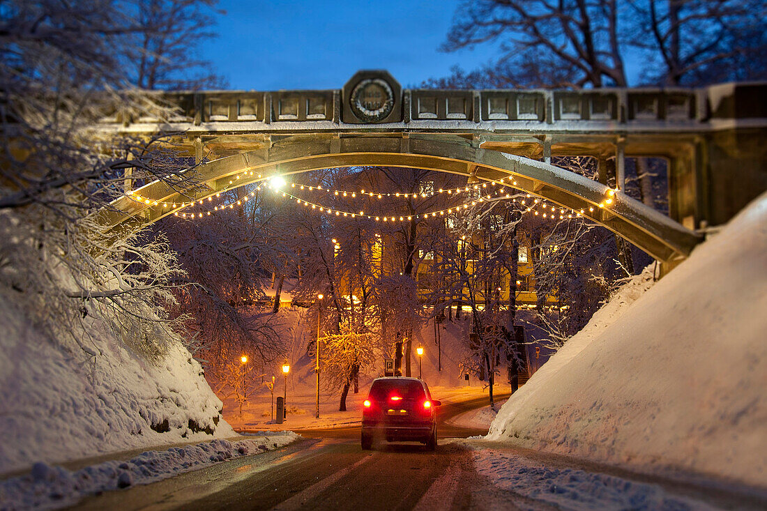 Snow Covered Devil`s Bridge in Winter, Night, Tartu, Estonia, Snow Covered Devil`s Bridge in Winter, Night, Tartu, Estonia
