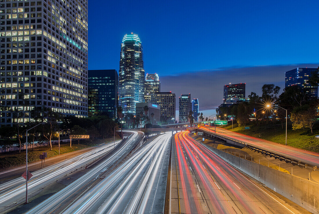 110 Freeway & Downtown Los Angeles. Time lapse photography. Night., 110 Freeway & Downtown LA