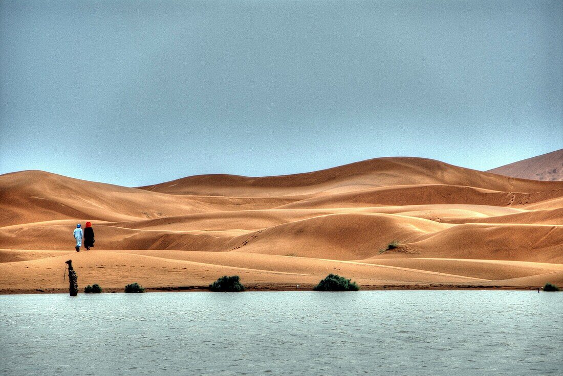 Sand dunes in Sahara with lake near Merzouga, Erg Chebbi, Morocco