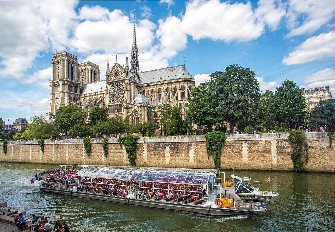 France , Paris City,Notre Dame Cathedral , tourist ship , Sein river