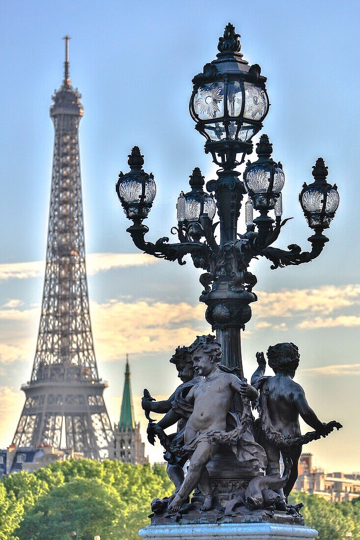 France , Paris City, Alexander III Bridge statue and Eiffel Tower