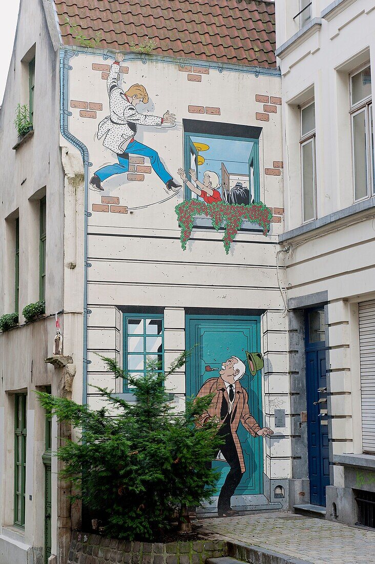 Belgium - Brussels - Street du Bon Secours - Mural of Ric Hochet, hero of a comic strip of  Tibet (draftsman) and A-D Duchâteau ( scriptwriter)