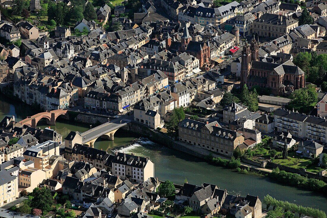 France, Aveyron (12), Espalion, a village on the banks of the Lot, it is crossed by a path of the pilgrimage of Saint Jacques de Compostela, (aerial photo)