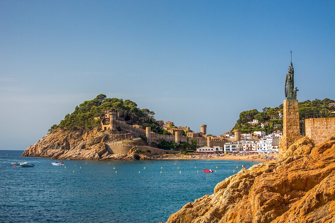 Spain , Catalonia ,Costa Brava Coast ,Tossa de Mar City, Minerva Statue and Gran Beach