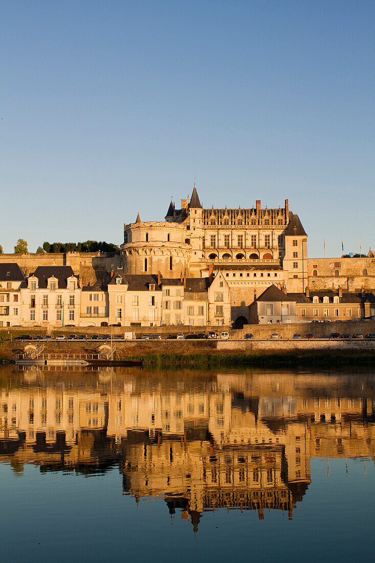 France, Indre et Loire, Loire Valley listed as World Heritage by UNESCO, Amboise, Loire river banks view from Ile d'Or, General Leclerc bridge, the historic town and castle