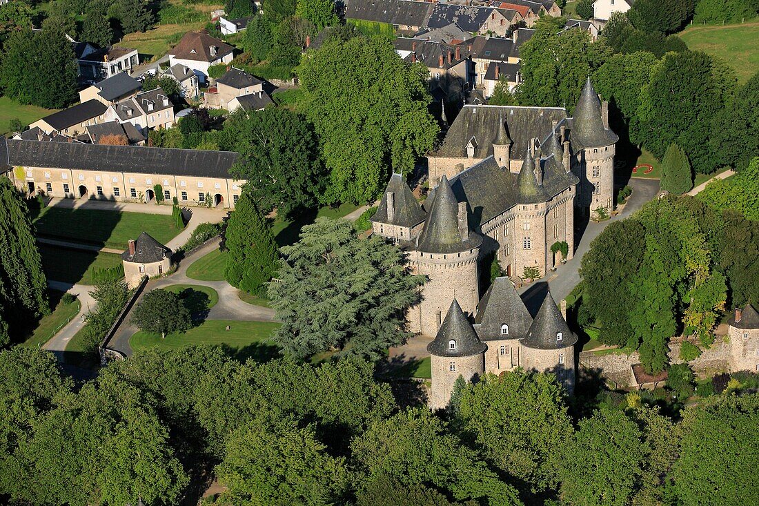 France, Corrèze (19), Arnac-Pompadour, the castle, the National Stud (aerial photo)