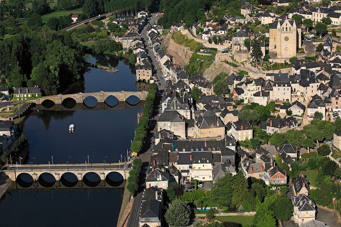 France, Dordogne (24), Terrasson-lavilledieu, tourist town located on the banks of the Vezere Holy Sour church dominates the city (aerial photo)