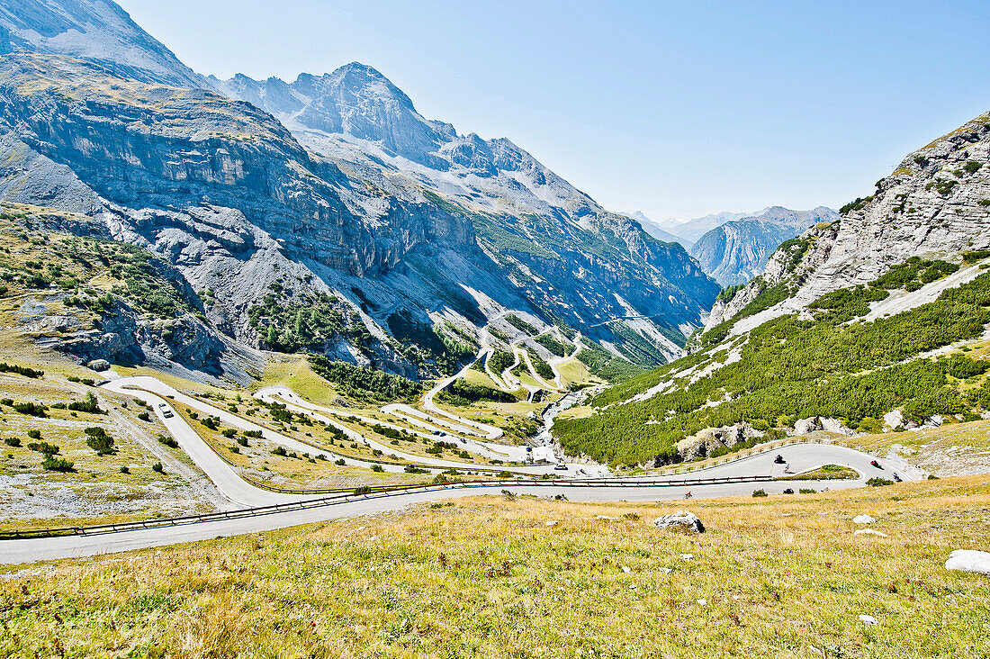 Hairpin turns on the mountain pass road, Stelvio Pass, Stilfser Joch, South Tyrol, Italy