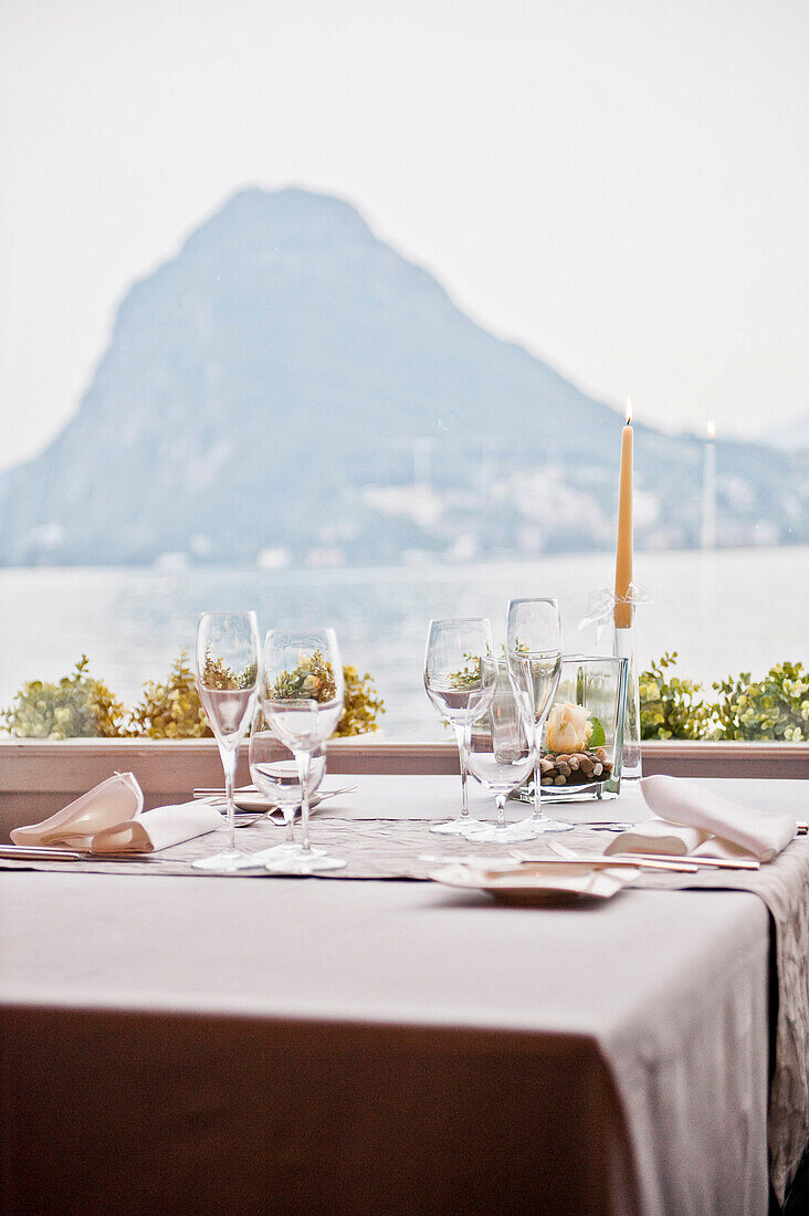 Set table in the restaurant, Hotel Castagnola, Lake Lugano, Lugano, Ticino, Switzerland